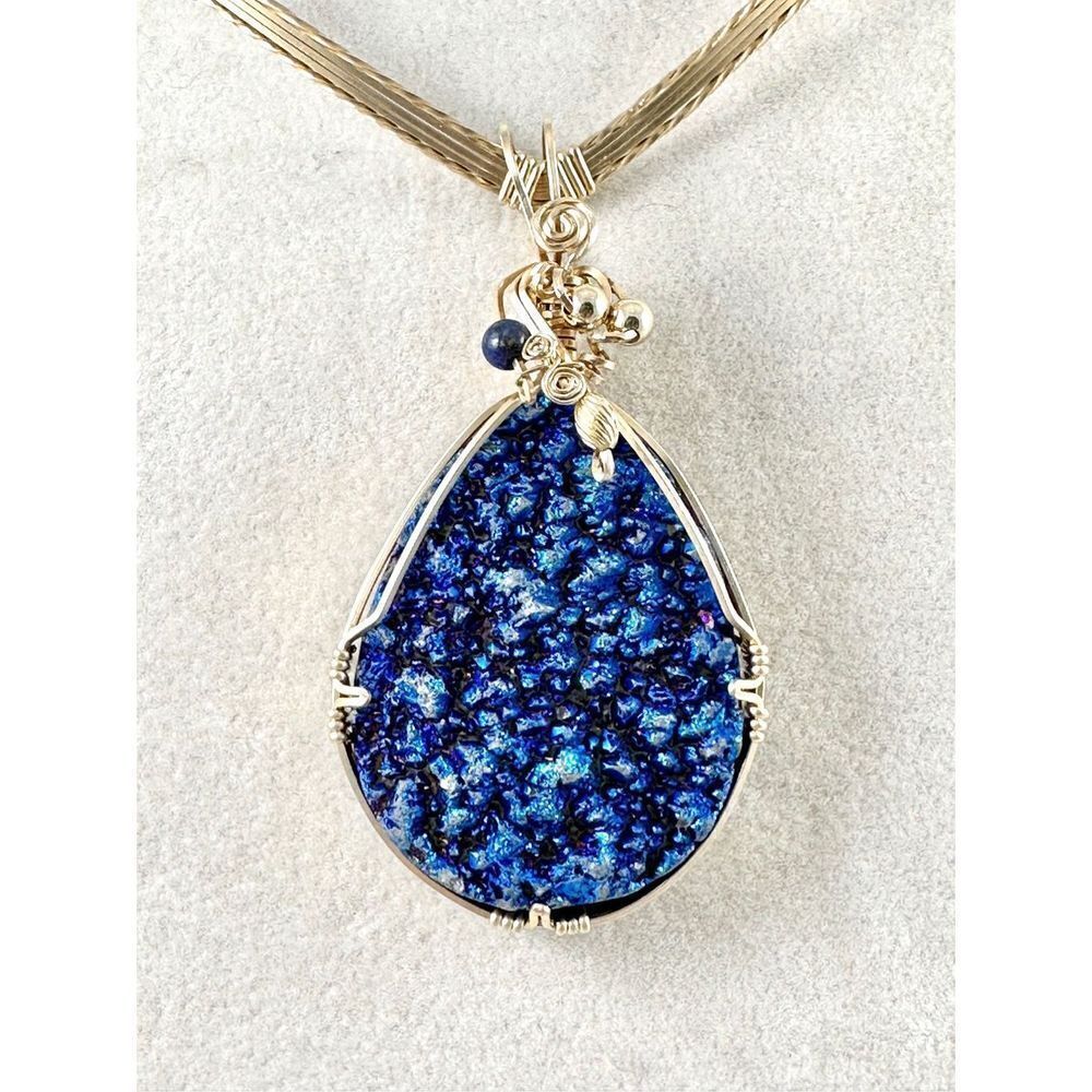 Cobalt Blue Druzy Iridescent Pendant 14K Gold Filled Wire Wrapped